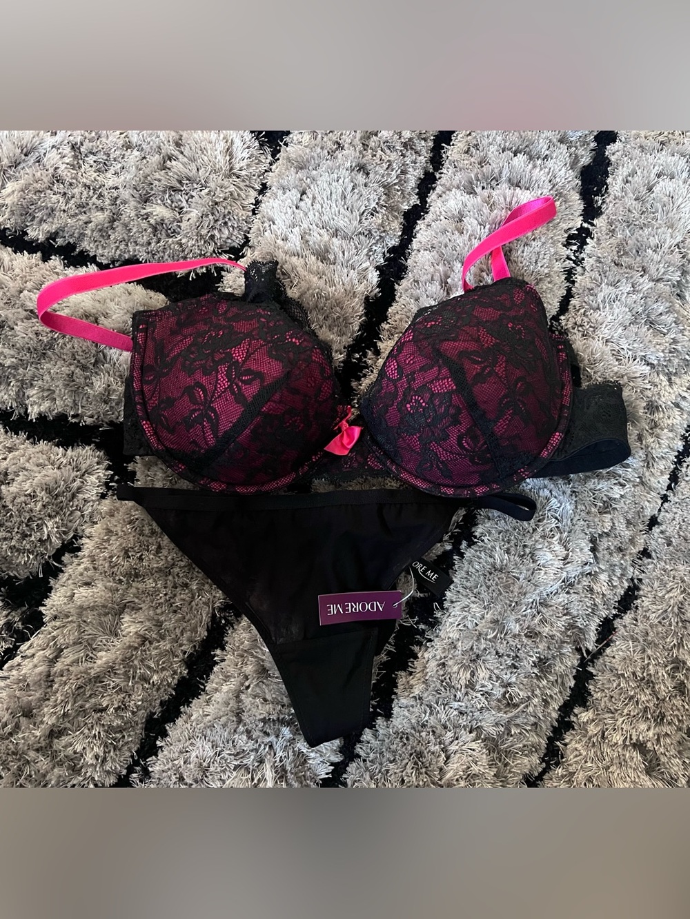 Adore Me Black Lace Hot Pink Push-Up Bra 34 DD & Bow String  M Set